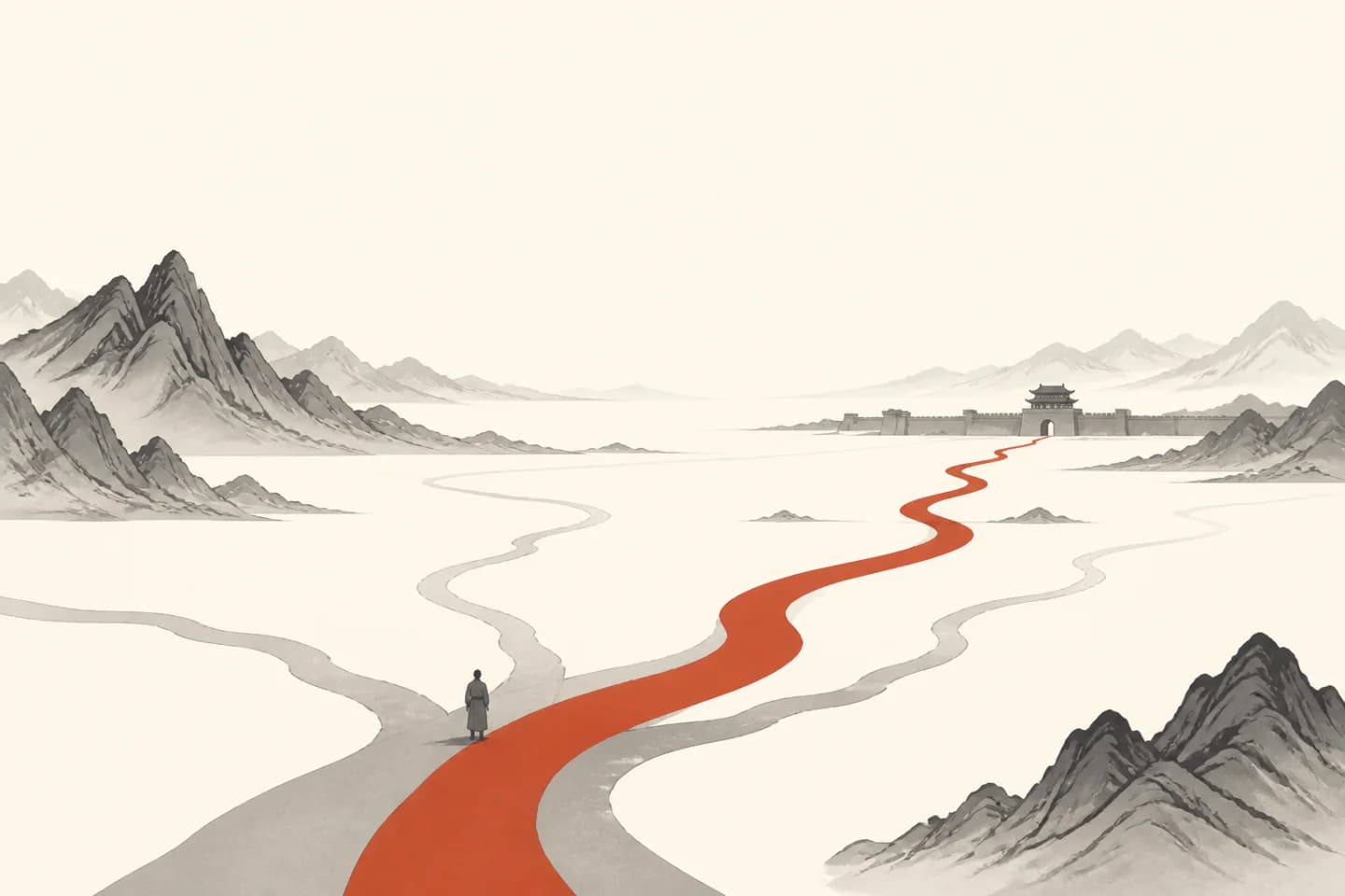 水墨山河间，一条朱砂色路径从历史岔路延伸向远方城关